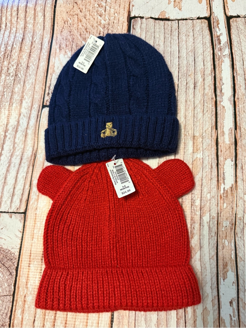 Infant Knit Pom Hats - Navy and Red